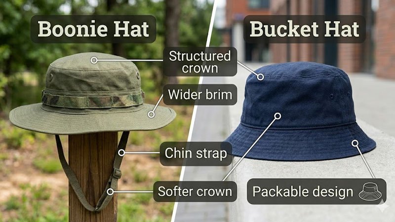 Annotated image comparing brim, structure, and functionality of boonie hat and bucket hat
