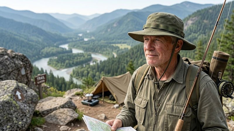 Person wearing a boonie hat while hiking outdoors in sunny conditions