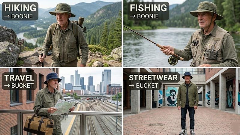 Lifestyle collage showing boonie hat for outdoor activities and bucket hat for casual situations