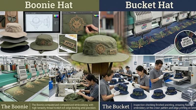 Custom boonie hats and bucket hats with embroidery and branding options in factory production