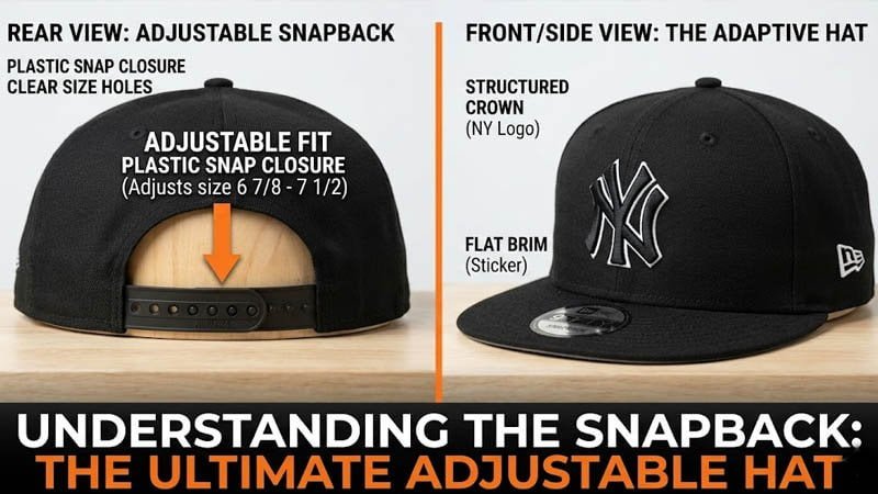 Black snapback hat with adjustable plastic snap closure and structured crown