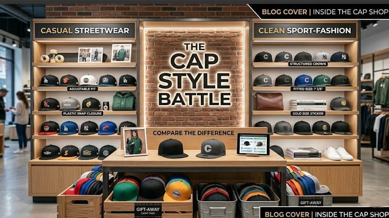 Retail display of snapback and fitted hats for merchandising and product sales