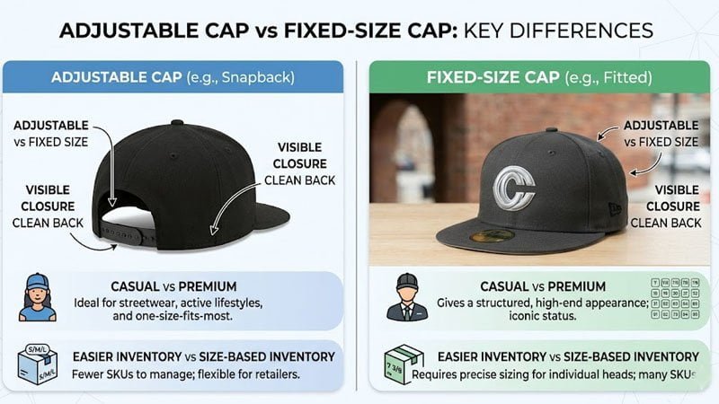 Visual comparison of snapback and fitted hats showing size, closure, style, and retail differences