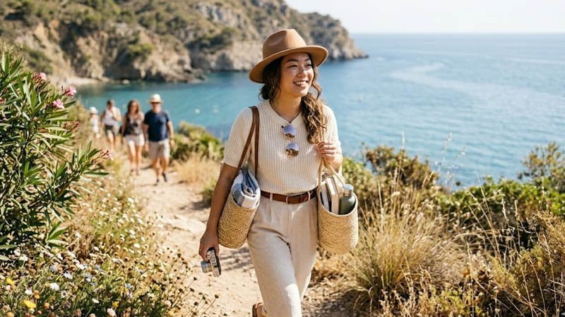 Woman wearing a stylish wide brim hat outdoors showing both fashion and sun protection