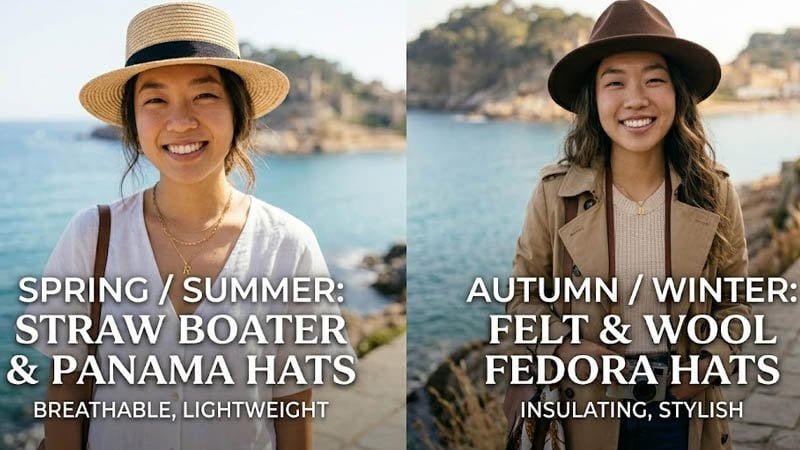Women’s hats for different seasons including straw hats for summer and wool hats for winter