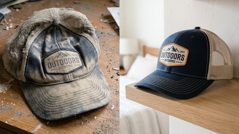 Comparison of damaged and well-preserved trucker hats showing deformation, dust buildup, and color fading