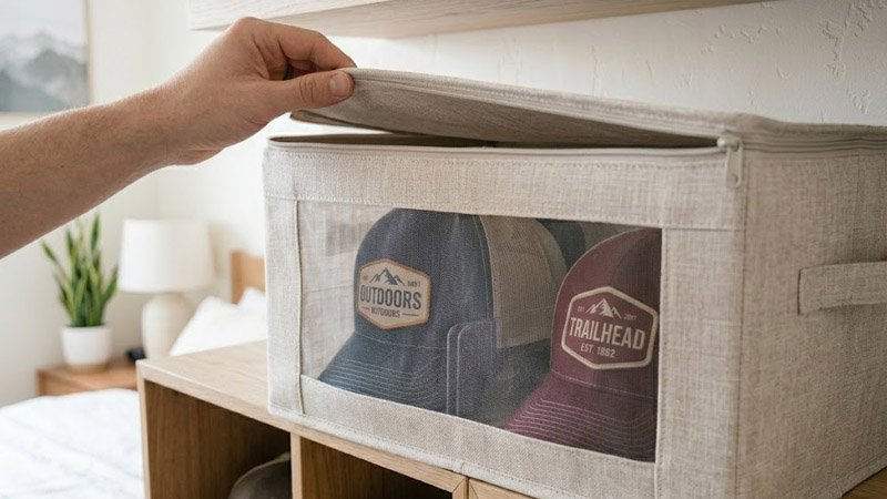 Trucker hats stored in clean covered containers to reduce dust buildup during storage