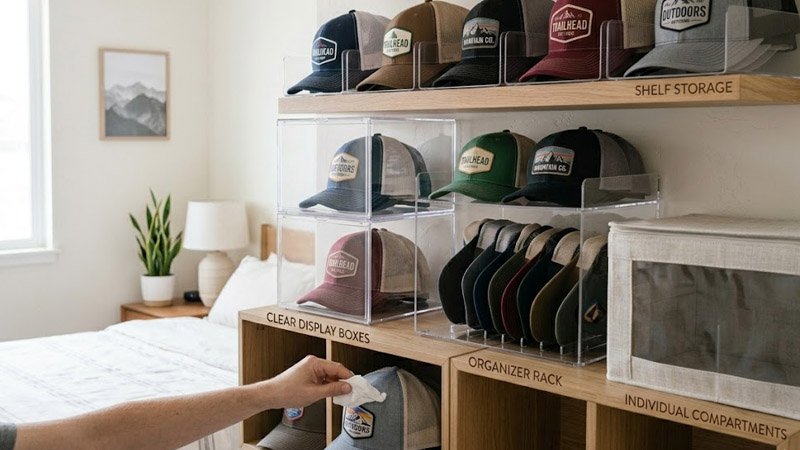 Different storage options for trucker hats including shelves, display boxes, and cap organizers