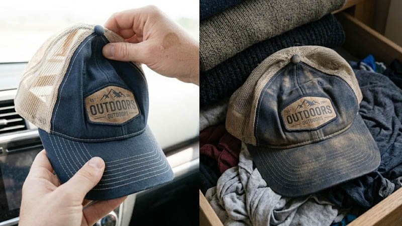 Common trucker hat storage mistakes including stacking, plastic bag storage, and heat exposure