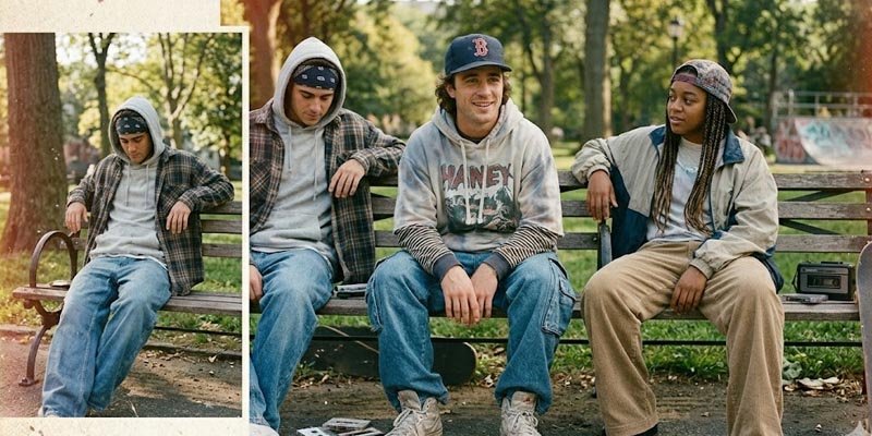 Streetwear-inspired model in a backward cap reflecting 1990s youth culture and style