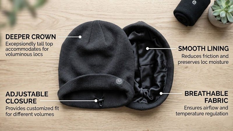 key features of a dreadlock-friendly hat including deep crown and smooth lining