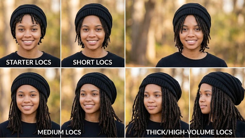 different hat choices for starter locs short locs and long dreadlocks