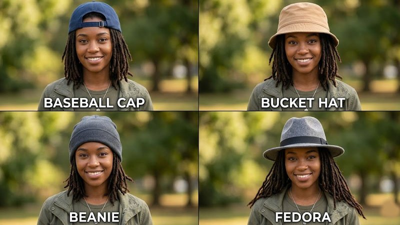different hat styles for dreadlocks including baseball cap bucket hat beanie and visor