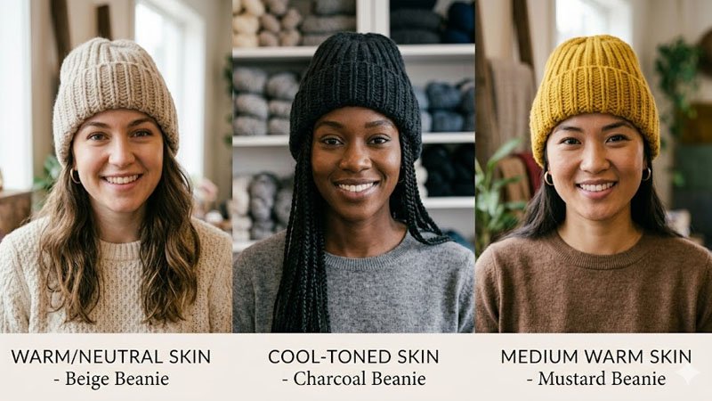 Different skin tones wearing flattering hat colors for warm, cool, and neutral undertones