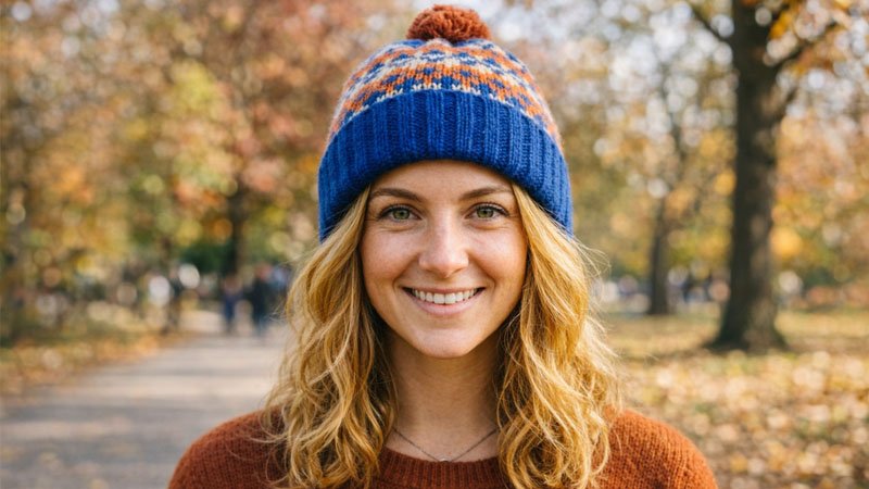 Model wearing a hat that complements hair color and eye color