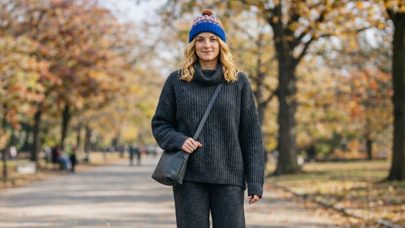 Hat color coordinated with outfit for monochrome, contrast, and accent styling