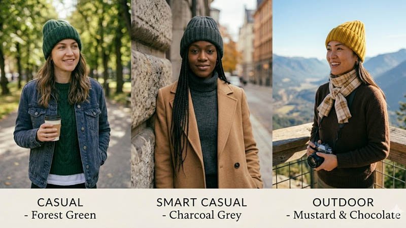 Different hat colors styled for casual, smart-casual, and outdoor occasions