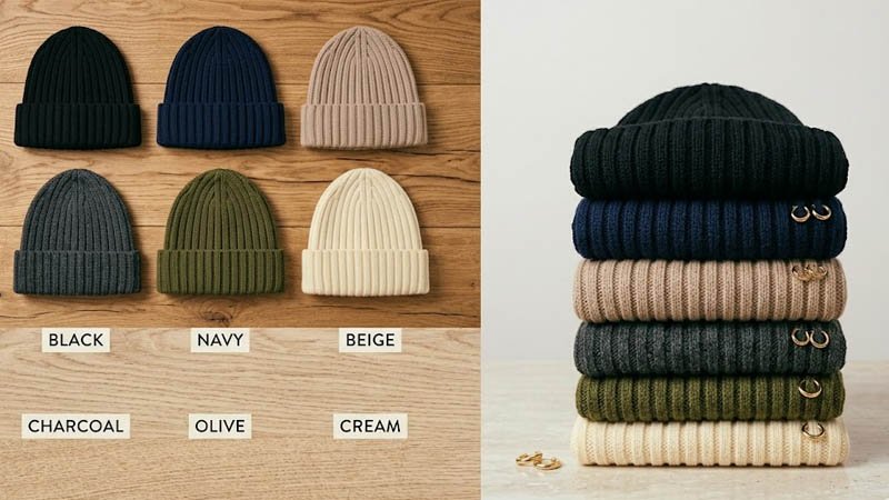 Versatile hat colors including black, navy, beige, charcoal, olive, and cream