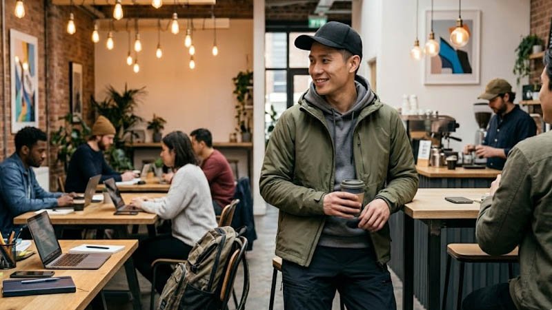 Young man wearing a cap indoors in a modern casual lifestyle setting