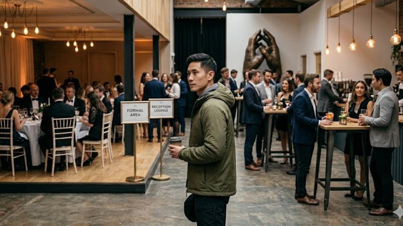 Man wearing a hat indoors while assessing the formality of the setting
