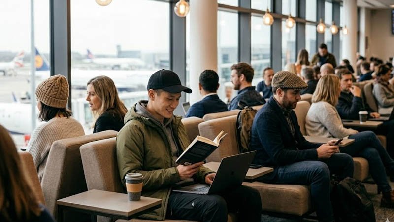 Man wearing a casual cap indoors in a cafe or public space