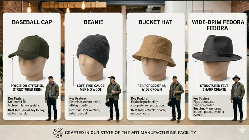 Different hat styles for men and how they appear in indoor settings