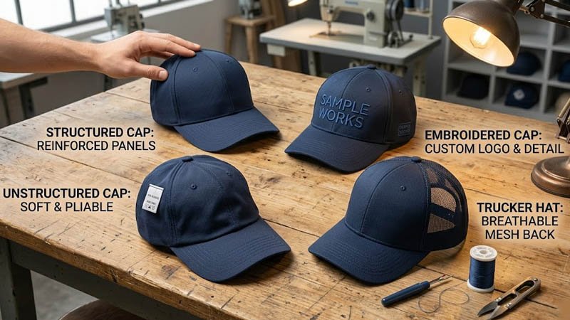 Different types of polyester hats including structured caps, unstructured caps, and trucker hats