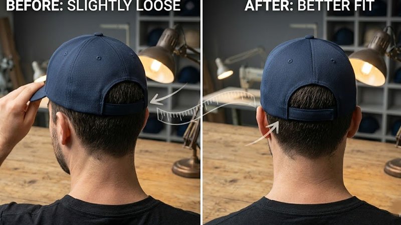 Before and after comparison of a polyester hat with a tighter improved fit