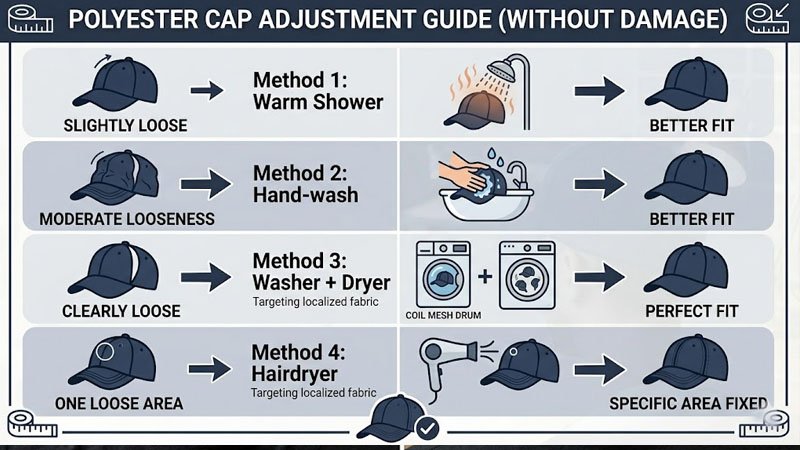 Quick guide infographic showing the best methods to make a polyester hat smaller