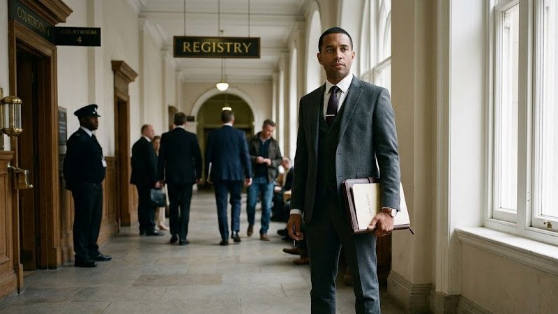 Neatly dressed court visitor in a formal courthouse setting