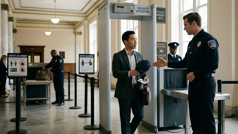 Visitor removing a hat during courthouse security screening