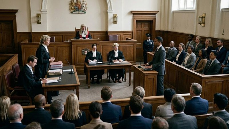 Different courtroom participants including lawyers, jurors, and visitors