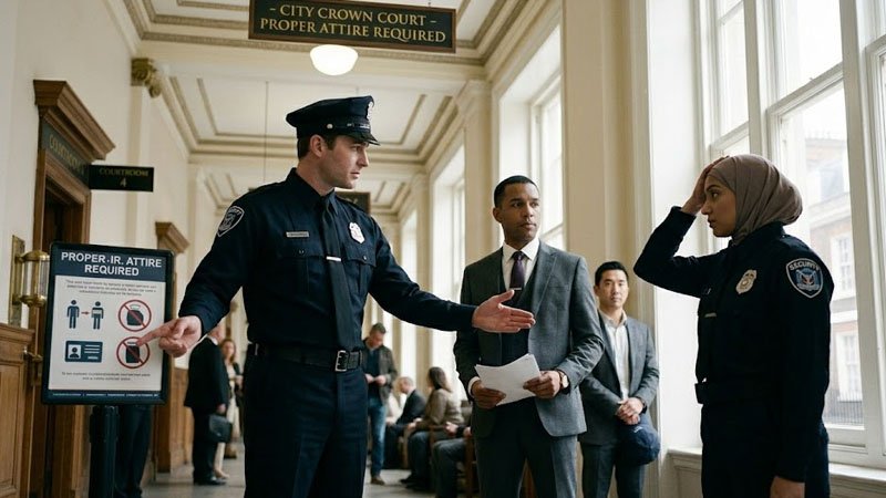 Court staff asking a visitor to remove a hat