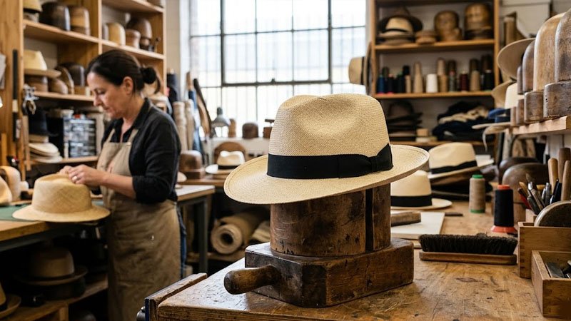 A new hat placed on a head form for safe natural break-in without damaging the shape