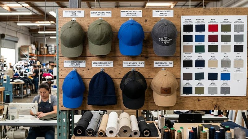 Different hat materials and fabric samples in a custom hat factory for choosing the right break-in method