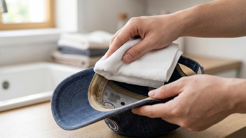 Gently dampening a cotton cap with warm water to soften it while protecting the shape