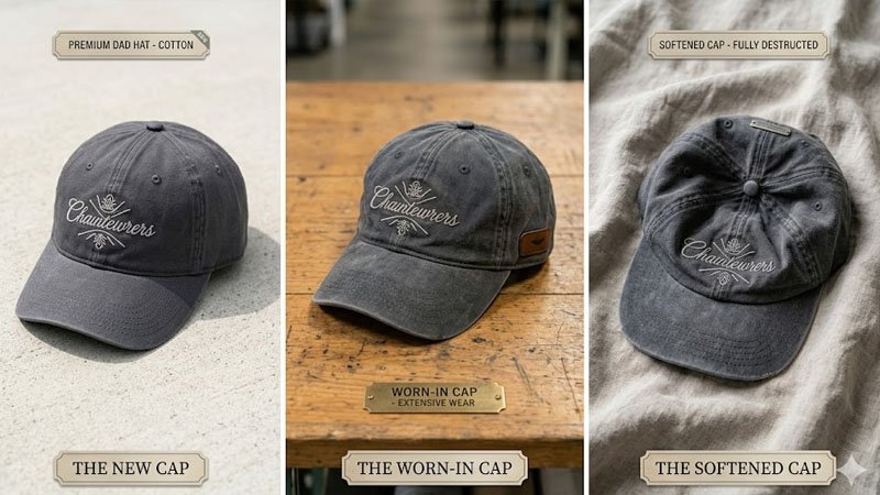 Different types of hats showing how break-in time depends on material, structure, and fit