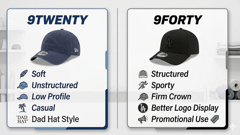 Quick comparison infographic of 9TWENTY and 9FORTY cap differences