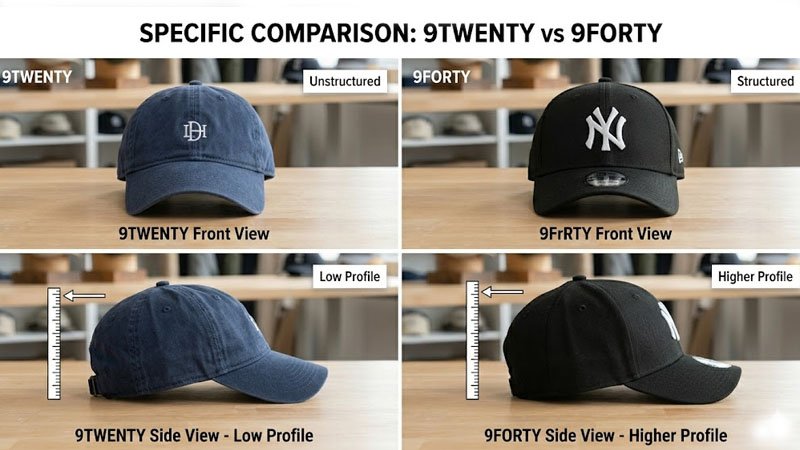 Side-by-side comparison of 9TWENTY-style unstructured cap and 9FORTY-style structured cap
