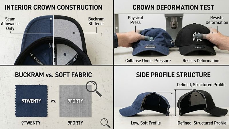 Detailed comparison of unstructured and structured cap crown construction for custom hats