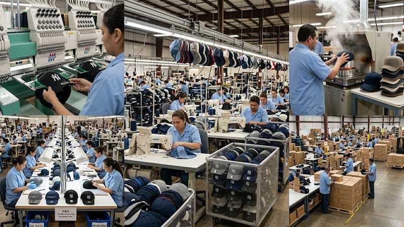 OEM hat factory production line showing embroidery, sewing, inspection, and custom cap manufacturing