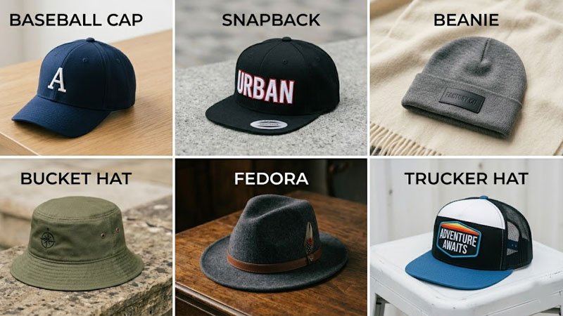 Different types of custom men’s hats including baseball caps, beanies, bucket hats, and snapbacks