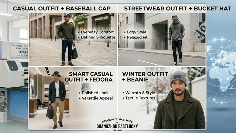 Men’s hat outfit matching guide with baseball cap, bucket hat, fedora, and beanie