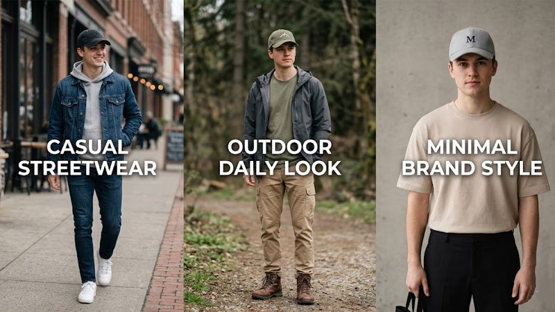 Men styling a women’s baseball cap with casual streetwear and neutral colors