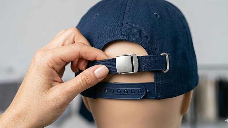 Adjustable closure detail on a custom baseball cap