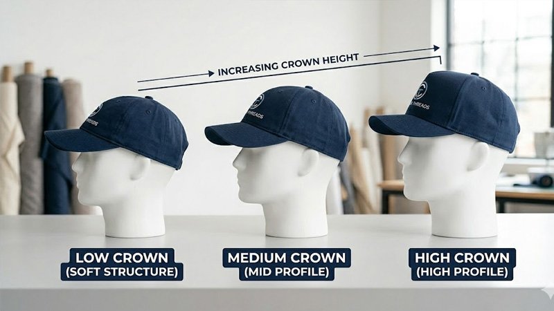 Comparison of low crown, medium crown, and high crown baseball caps