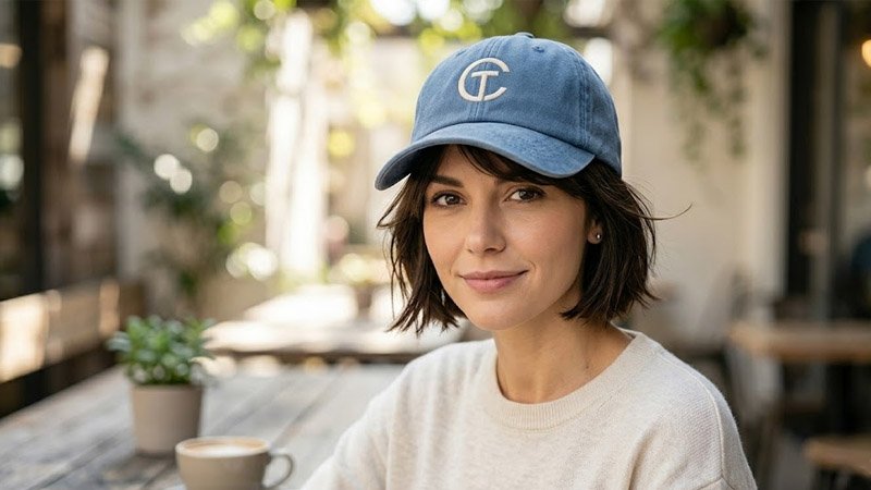 Curved brim baseball cap for bob haircut