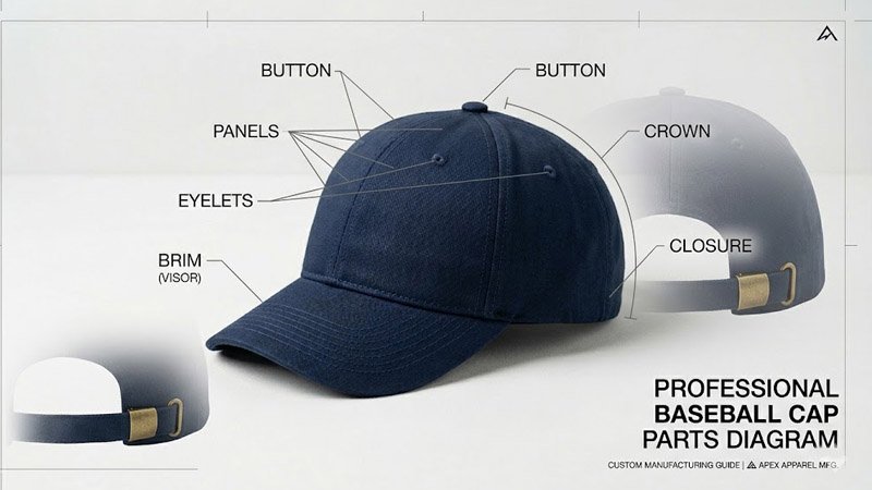 Main parts of a baseball cap including crown panels brim eyelets button and closure