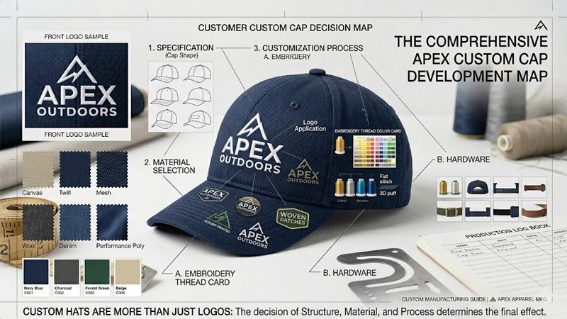 Custom baseball cap samples with fabric swatches color cards and embroidery threads for bulk buyers