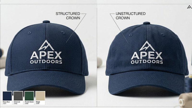 Structured and unstructured baseball cap crown comparison for custom hat production